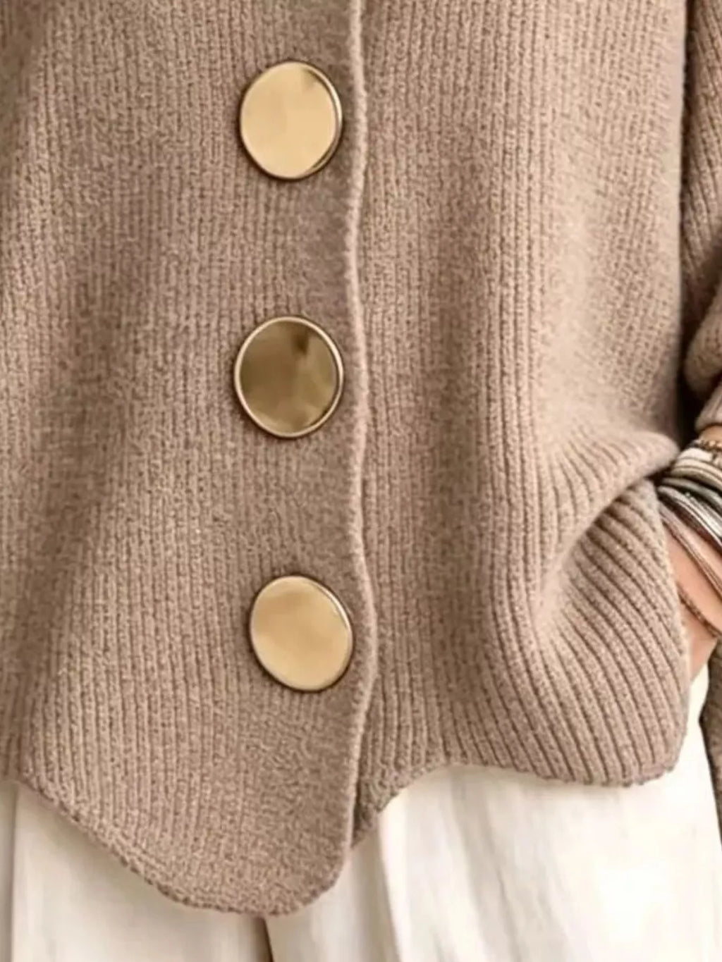 Full Size Gold Buttons Lantern Sleeve Cardigan Plus Size - Lilixa.store