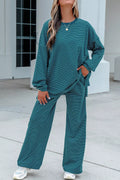Stripe Dropped Shoulder Long Sleeve Top Elastic Waist Pants Casual 2pcs Set - Lilixa.store