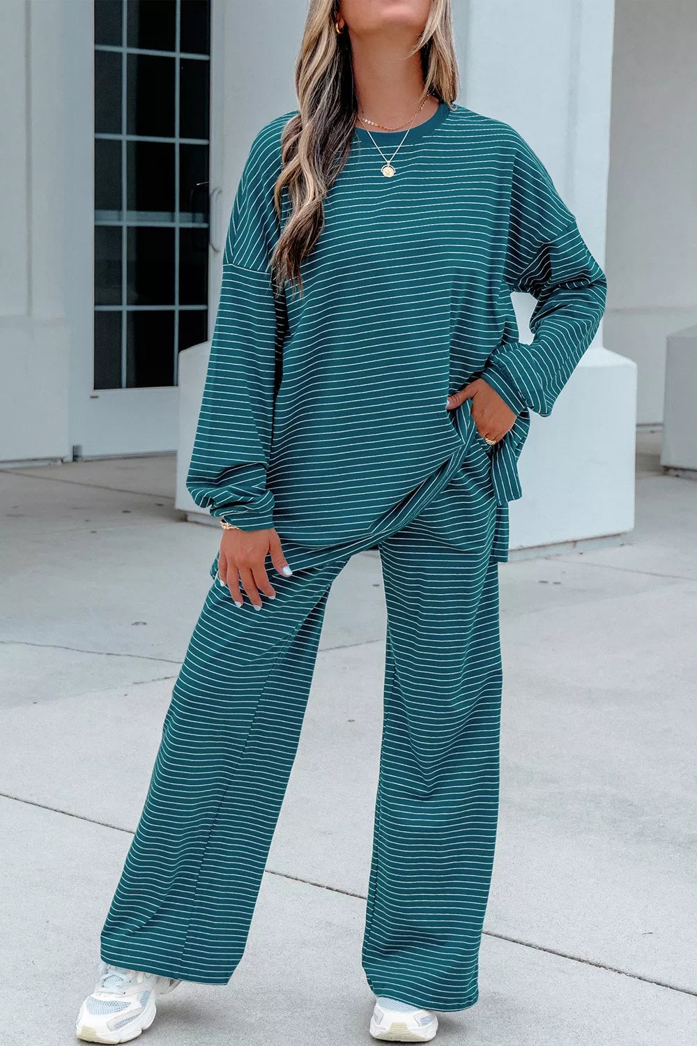 Stripe Dropped Shoulder Long Sleeve Top Elastic Waist Pants Casual 2pcs Set - Lilixa.store