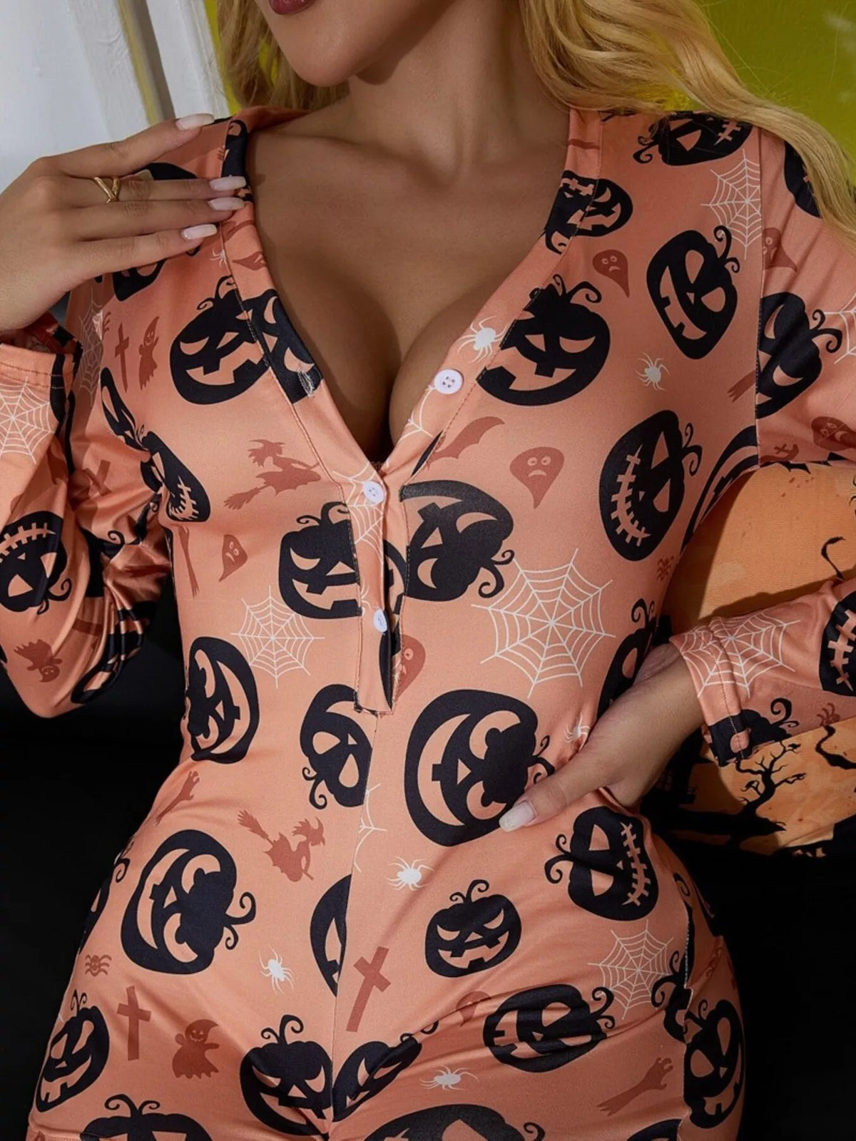 Halloween Pumpkin Print Button-Front Lounge Romper - Lilixa.store
