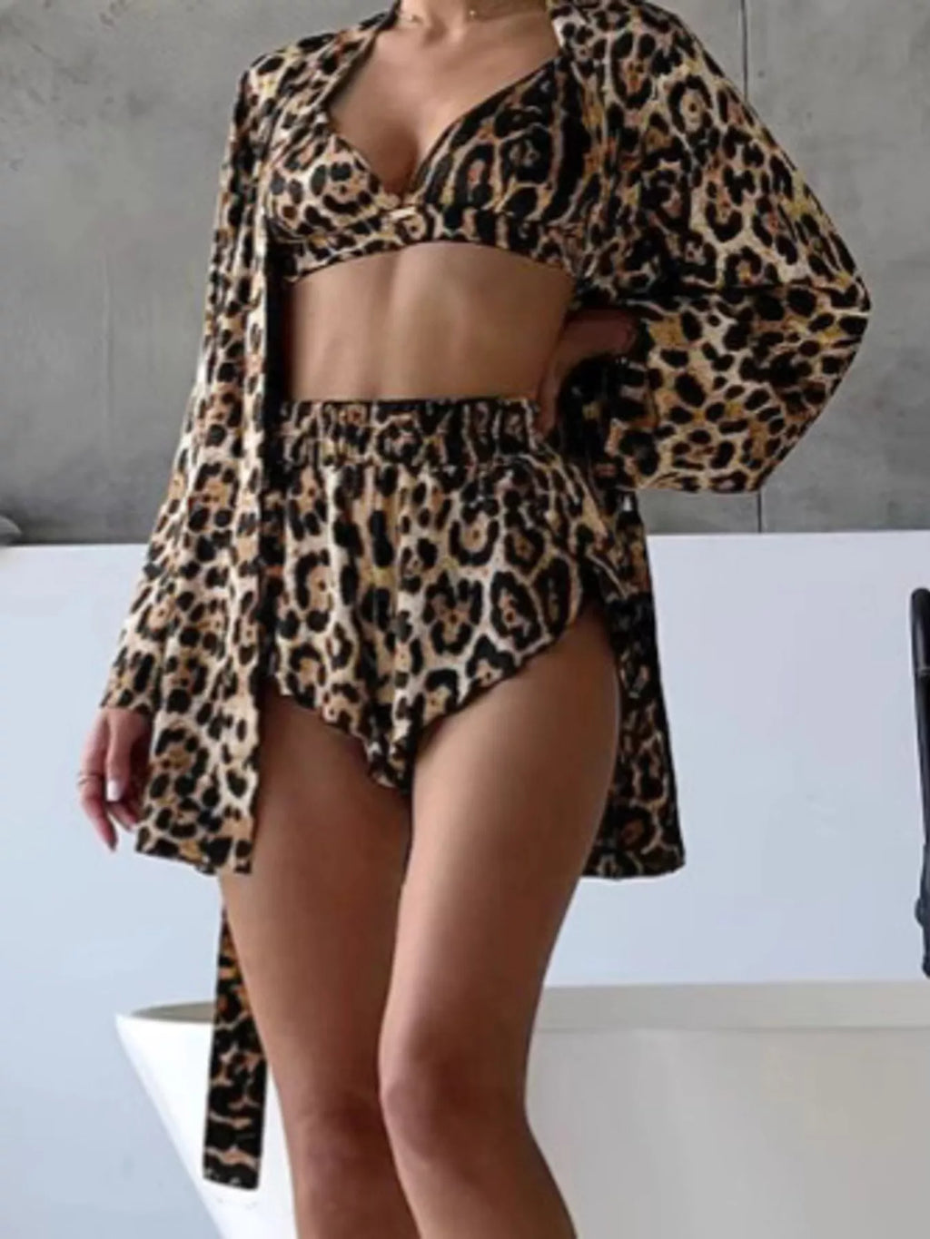 Leopard Bra & Cardigan and Shorts Set - Lilixa.store