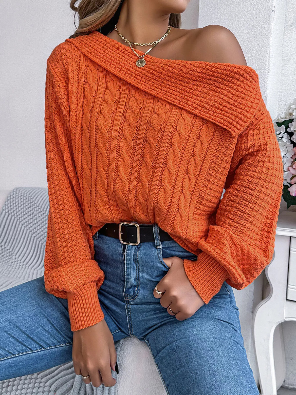 One Shoulder Cable Knit Sweater