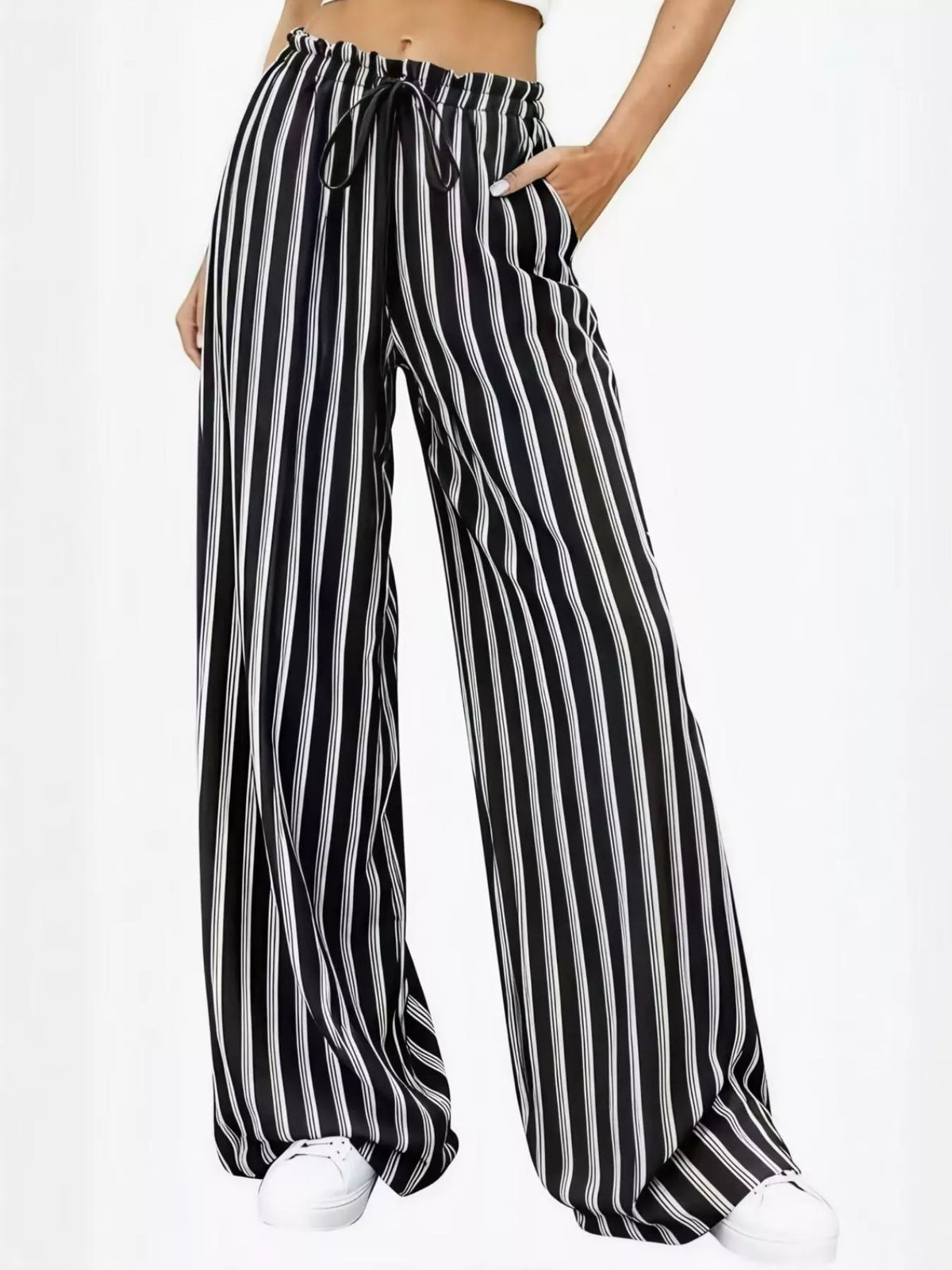 Striped Wide-Leg Drawstring Pants