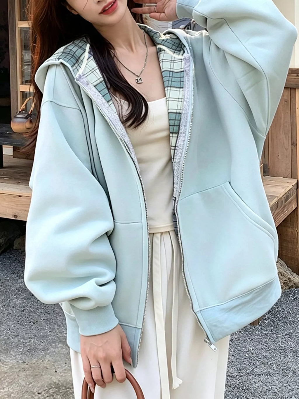 Zip-Up Plaid Lining Hoodie - Lilixa.store