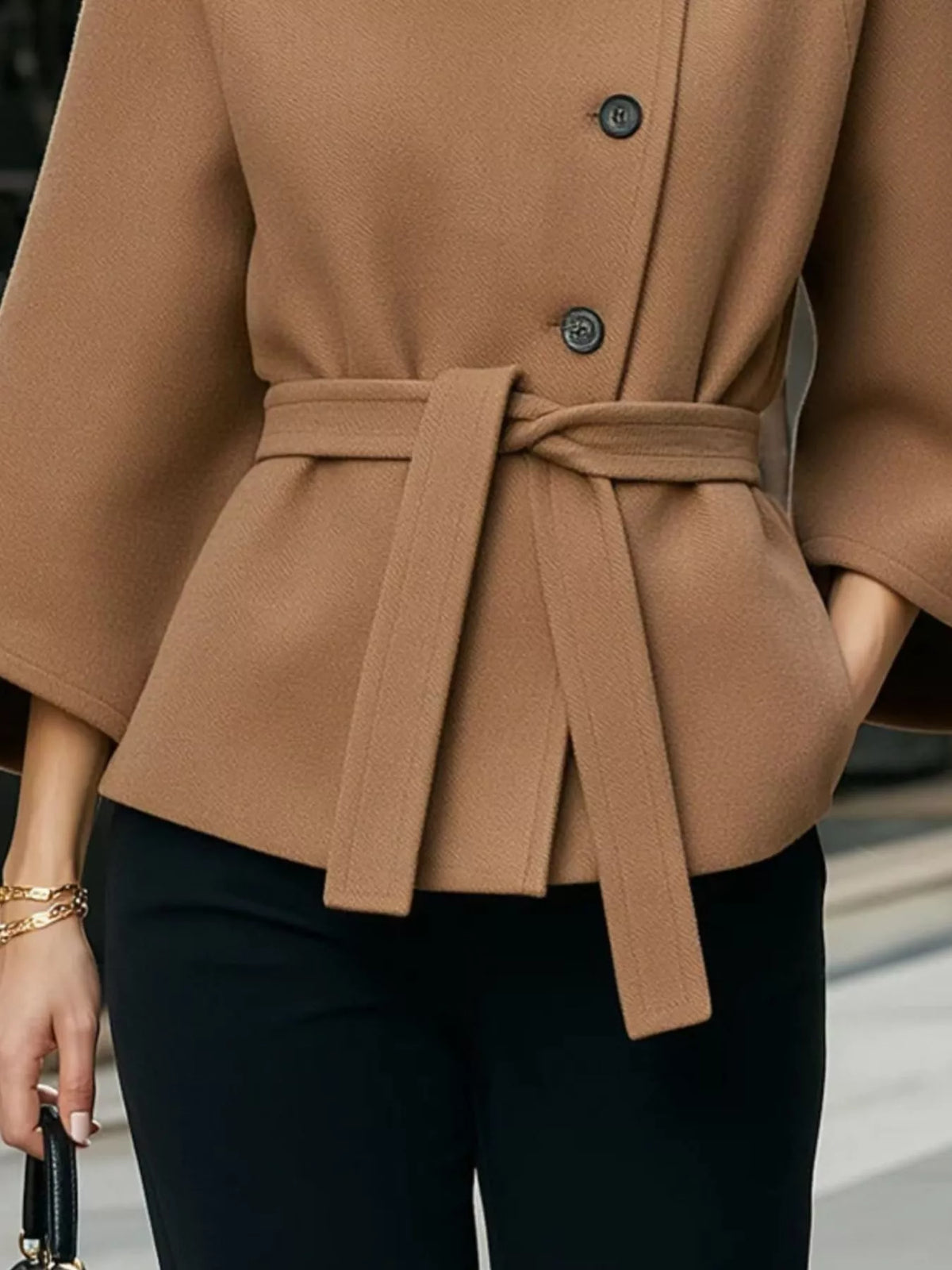 Button Down Cape Coat with Belted Waist, view 2
