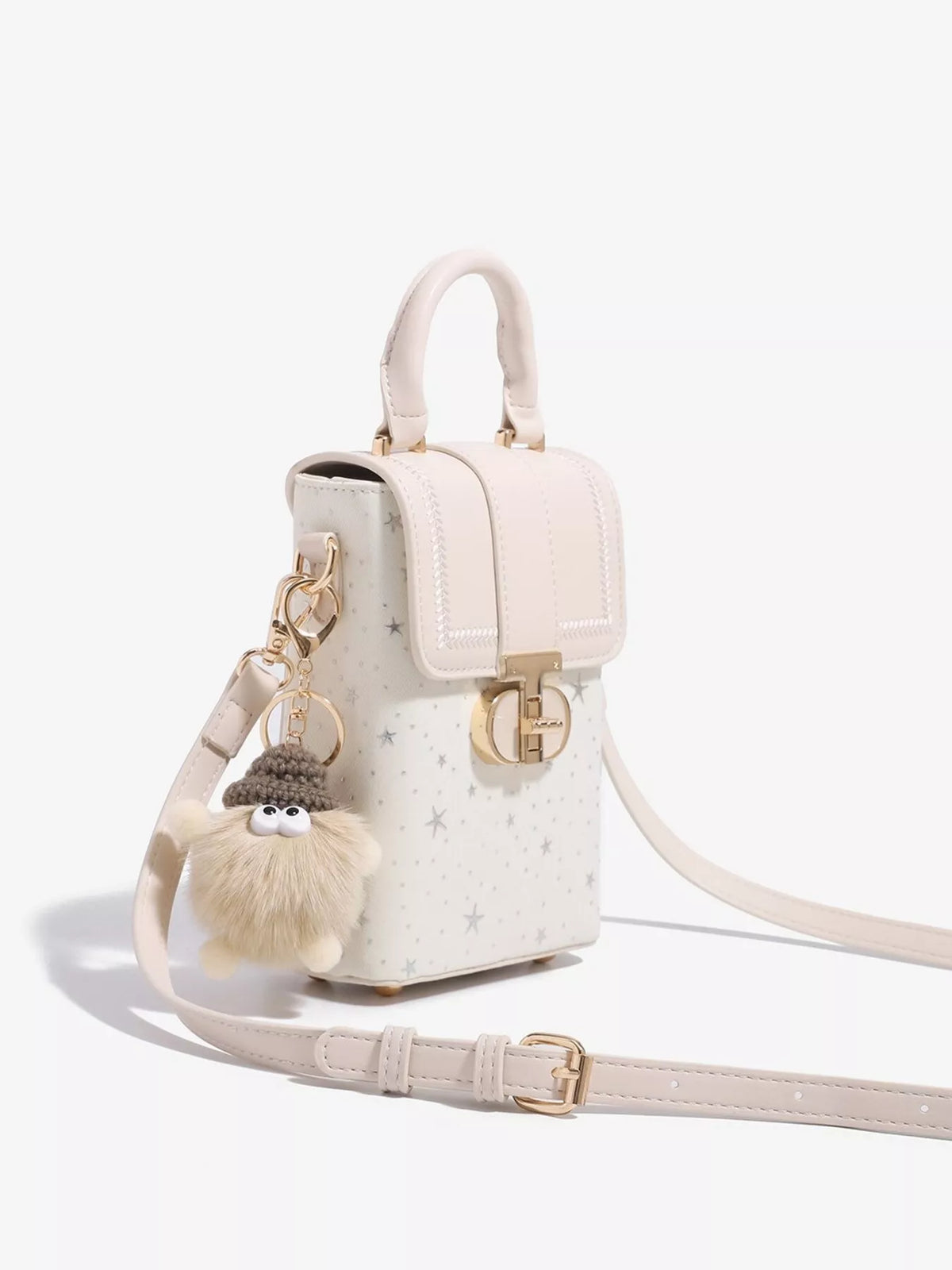 Star-Patterned Mini Crossbody Bag with Plush Charm in White, view 9
