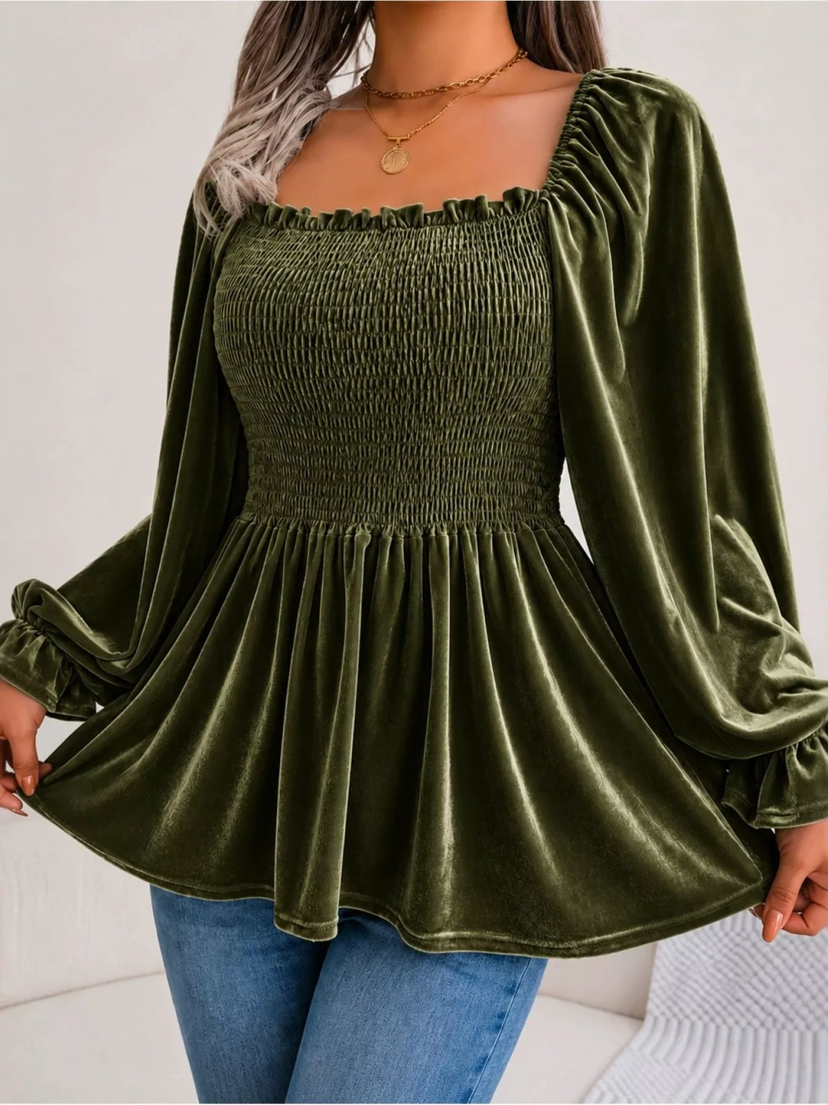 Velvet Smocked Peplum Blouse