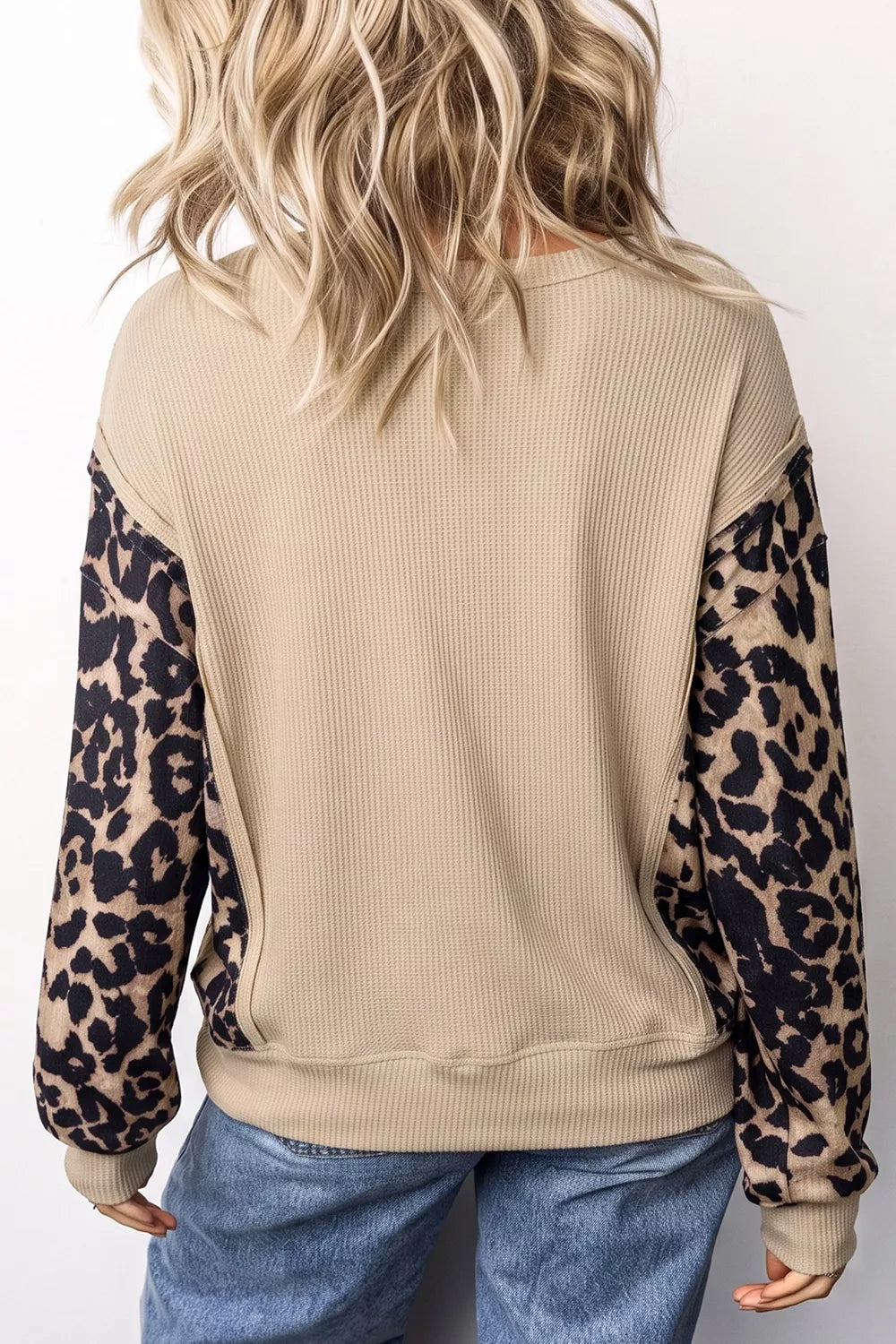 Sequined Western Horse Graphic Leopard Sleeve Patchwork Waffle Knit Top in Khaki, view 3