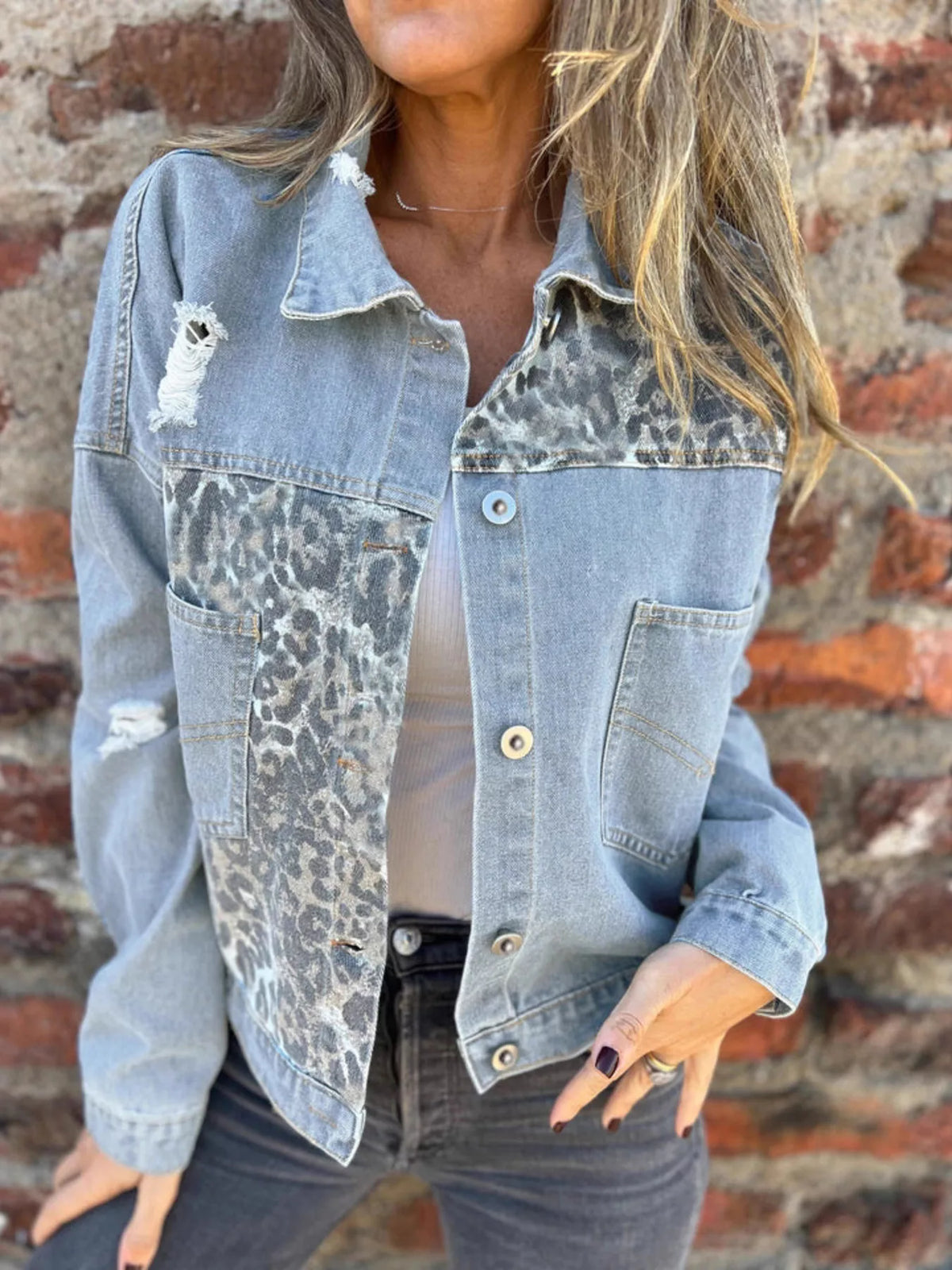 Full Size Leopard Button Up Denim Jacket Plus Size in Light Blue, view 3