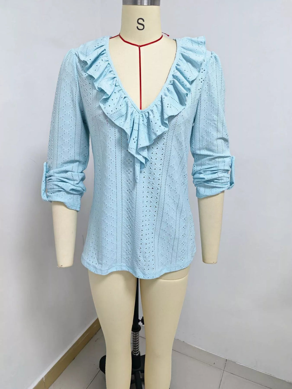 Eyelet Ruffle V-Neck Blouse - Lilixa.store