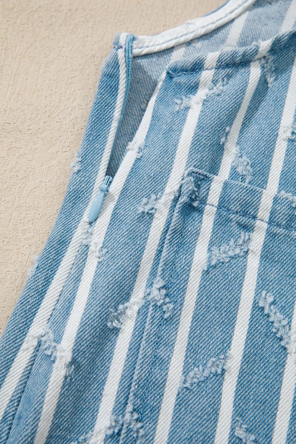 Striped Distressed Ruffled Wide Leg Denim Overalls in Light Blue, view 10