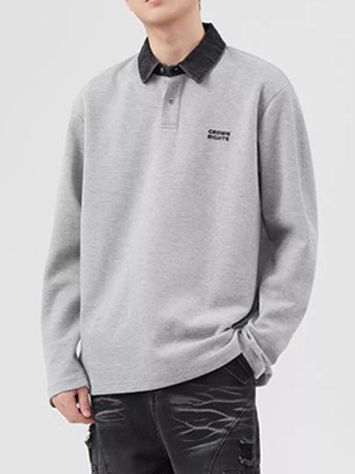 Men's Plus Size Collared Neck Long Sleeve Polo in Gray, view 4