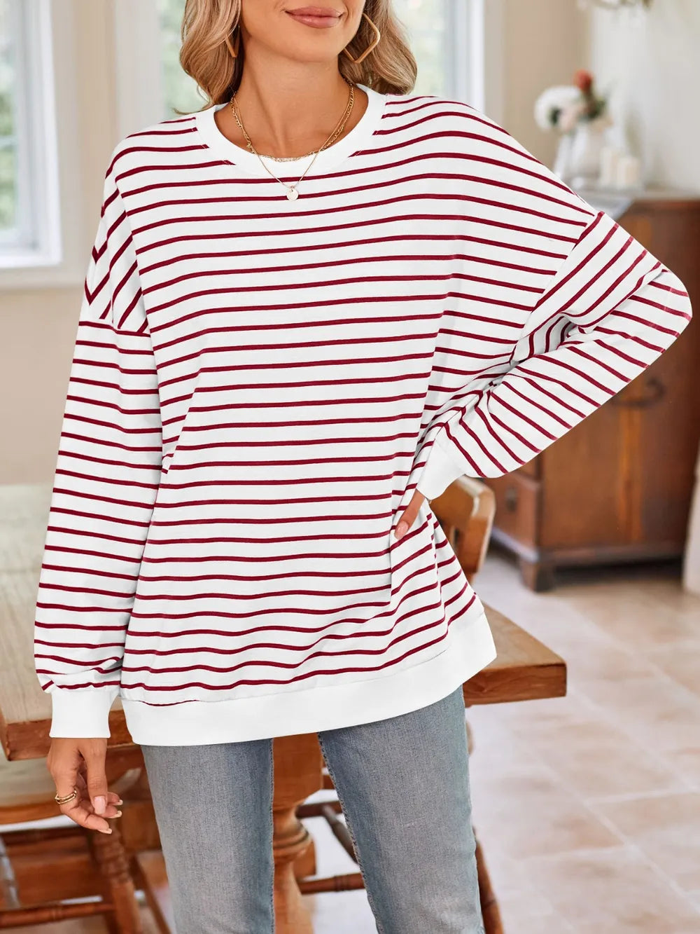 Lovelet Striped Round Neck Long Sleeve Sweatshirt - Lilixa.store