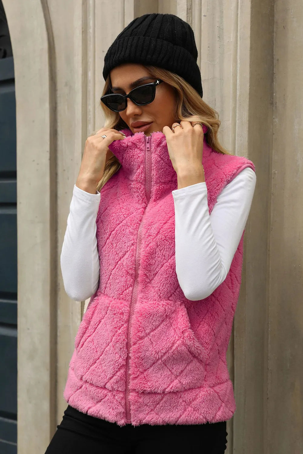 Fuzzy Plaid Texture Zip Up Vest Coat in Hot Pink