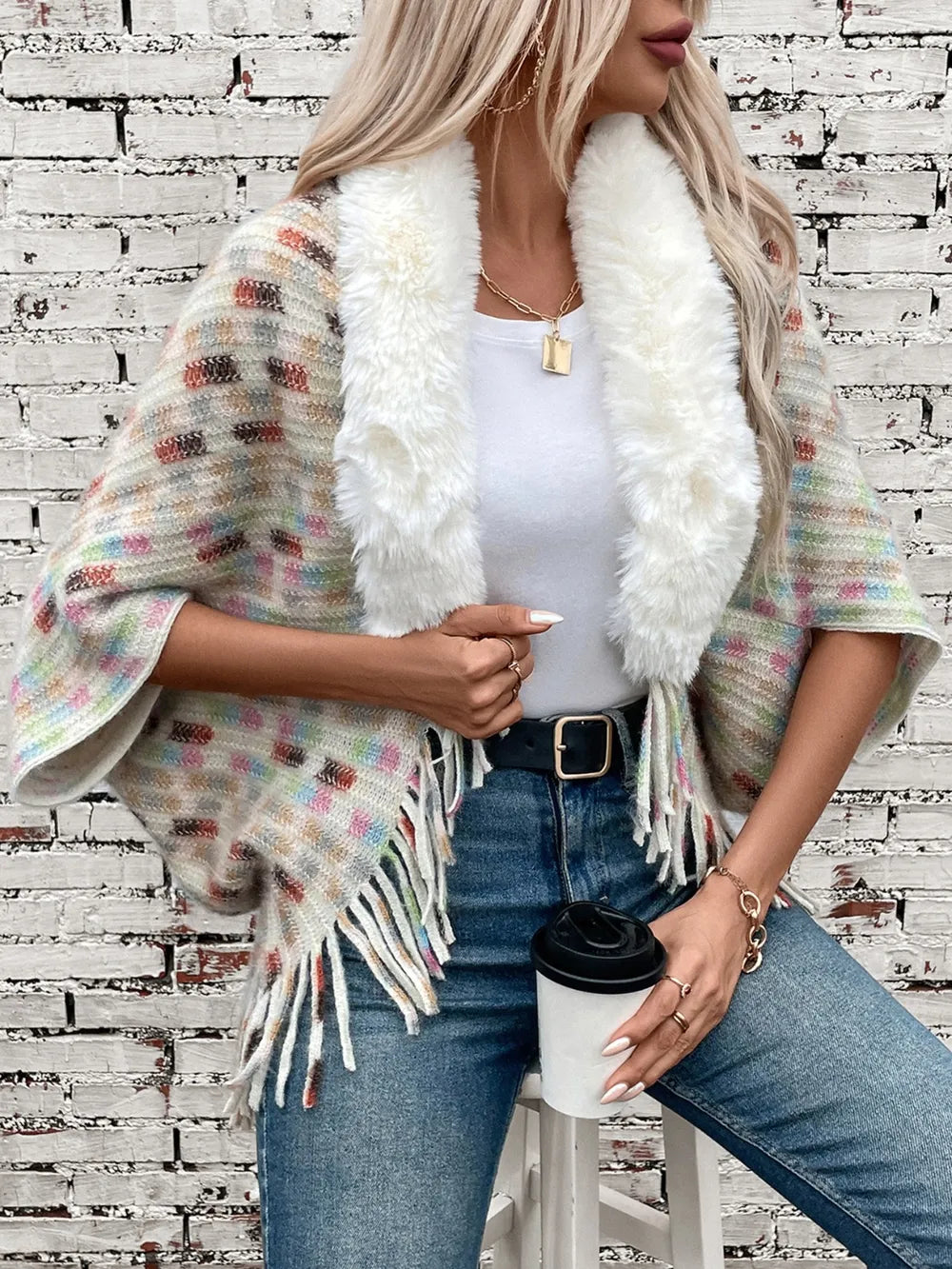 Fringe Fuzzy Open Front Poncho - Lilixa.store