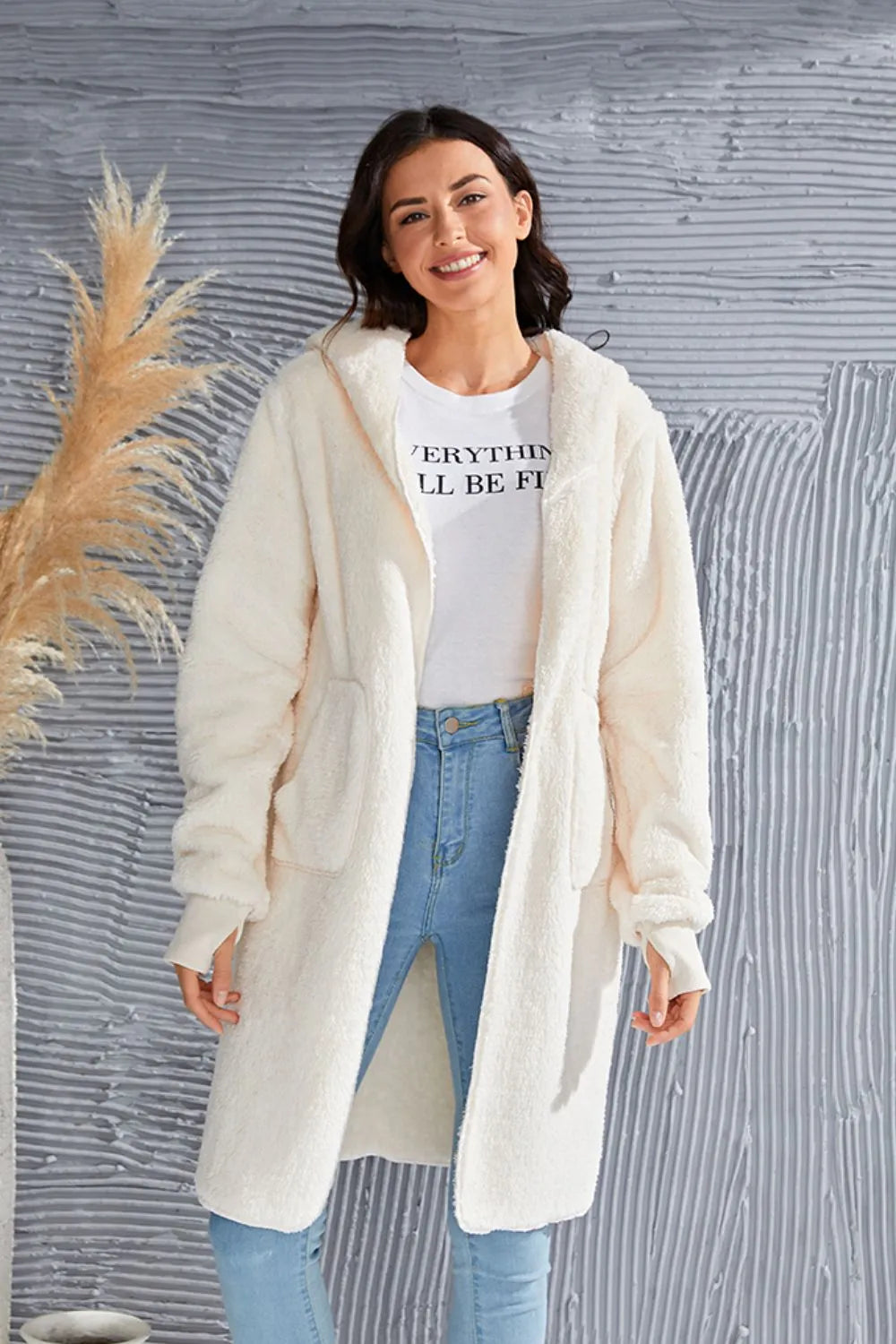 Double Take Full Size Hooded Teddy Bear Jacket with Thumbholes - Lilixa.store