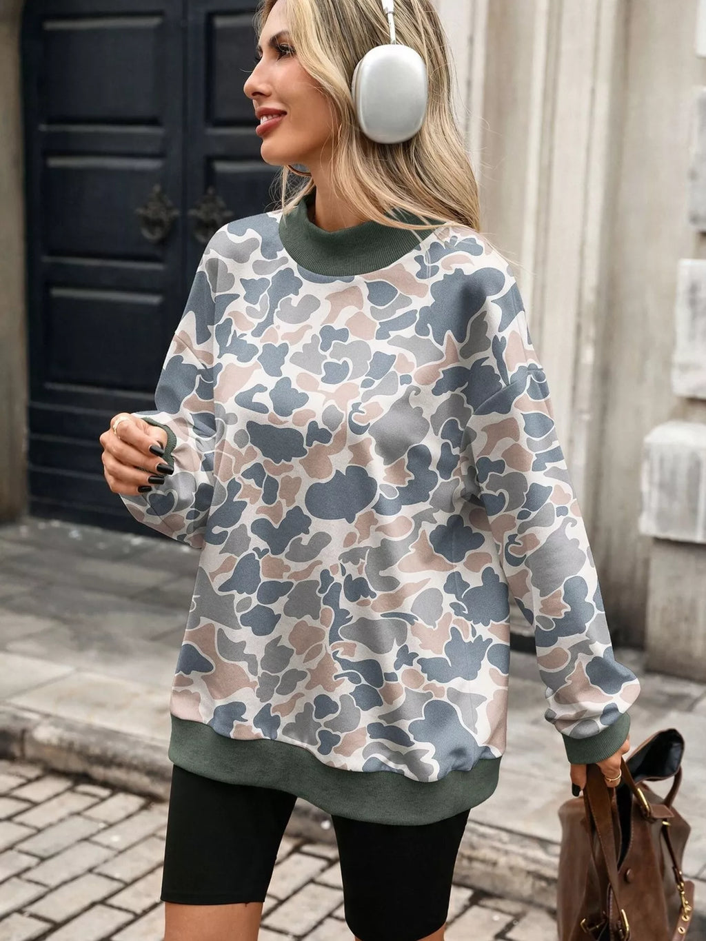 Camouflage Print Mock Neck Sweatshirt - Lilixa.store