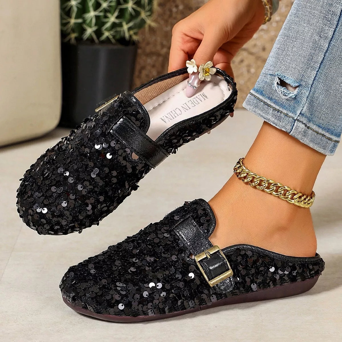 Sparkling Sequin Buckle Slip-On Loafers, view 2
