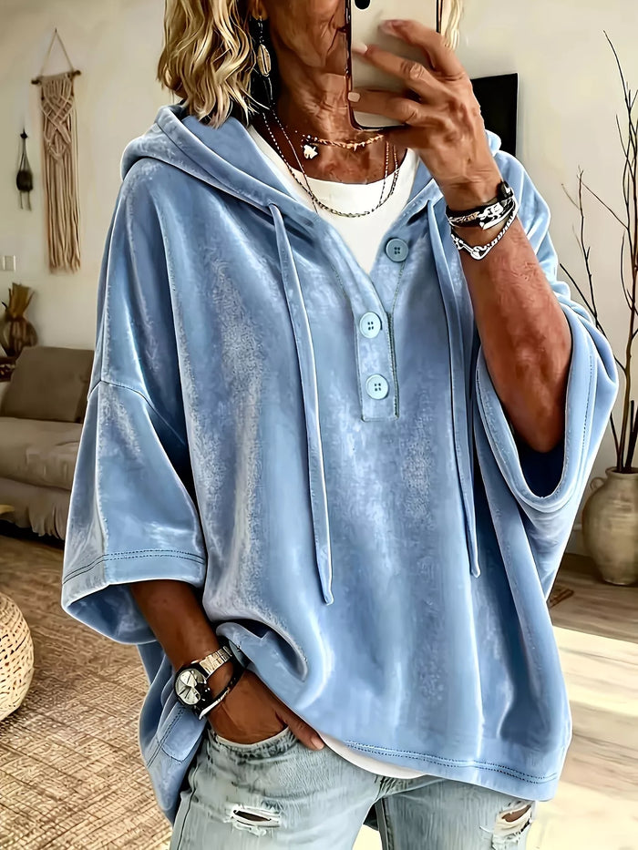 Full Size Velvet Button Detail Drawstring Hoodie Plus Size in Sky Blue