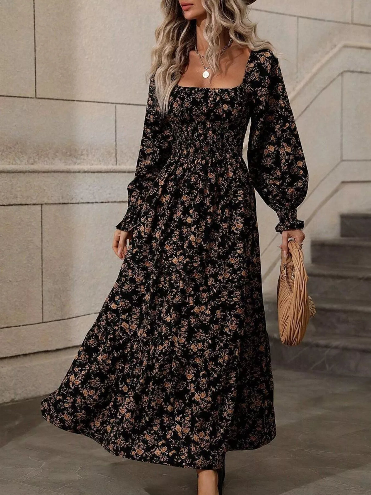 Floral Print Square Neck Smocked Midi Dress - Lilixa.store