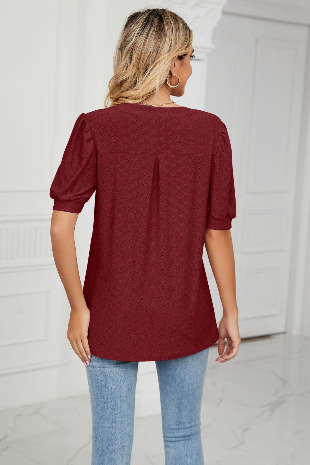 Eyelet Short Puff Sleeve Notched Neck Top, view 21