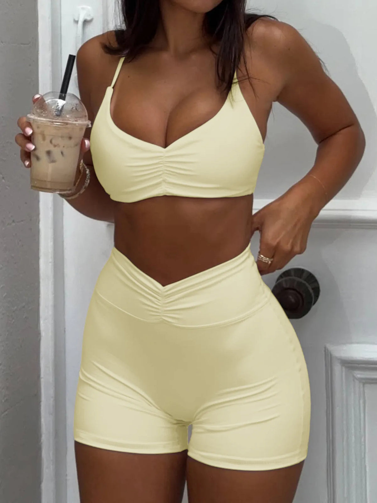 Ruched Sports Bra and High-Waisted Shorts Active Set - Lilixa.store