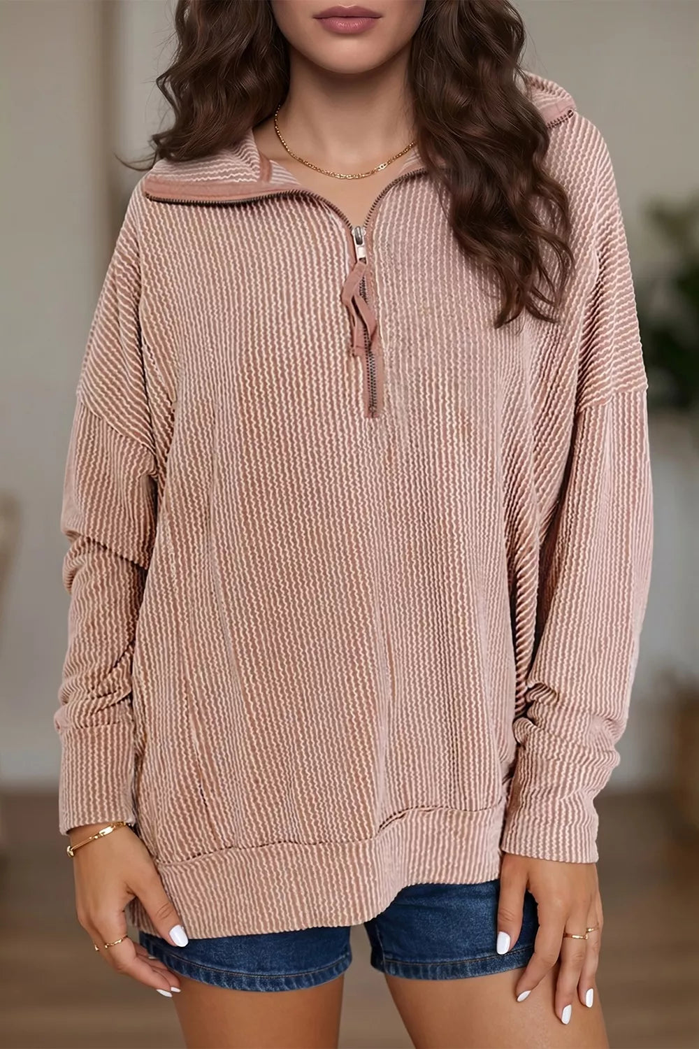Twist Ribbed Zipper Collar Drop Shoulder Long Sleeve Top - Lilixa.store