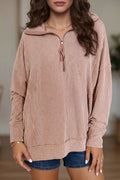 Twist Ribbed Zipper Collar Drop Shoulder Long Sleeve Top - Lilixa.store