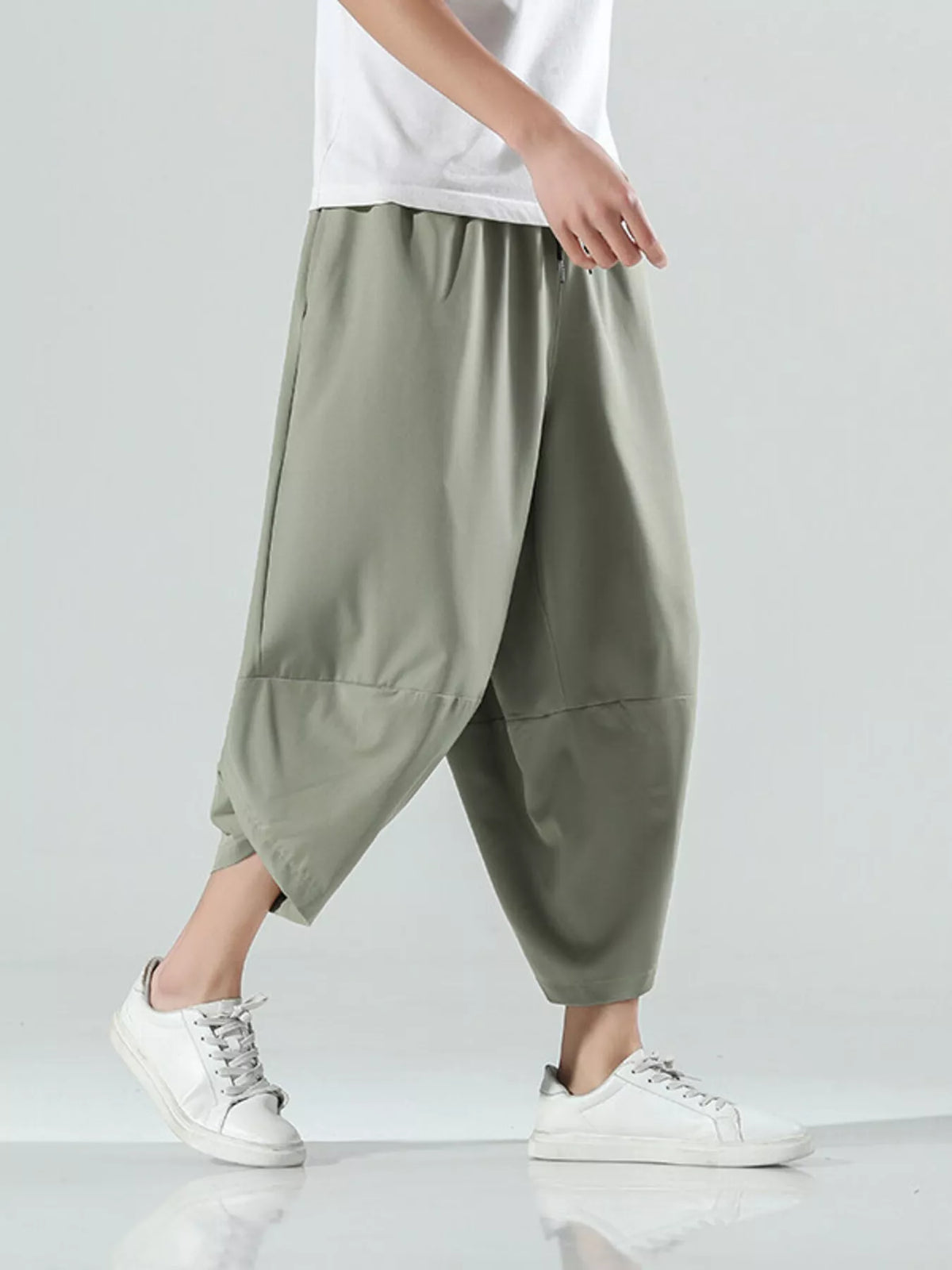 Men's Plus Size Loose-Fit Wide-Leg Cropped Casual Pants in Sage