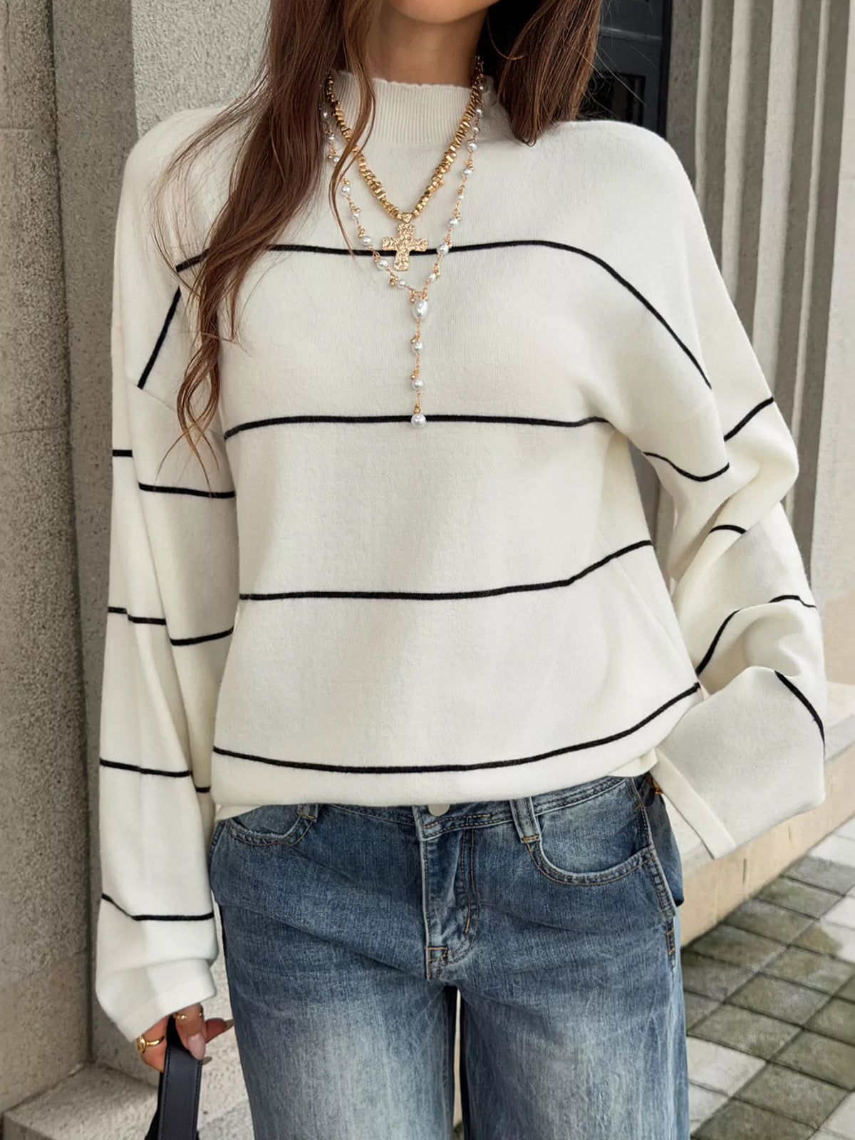 Striped Mock Neck Sweater - Lilixa.store