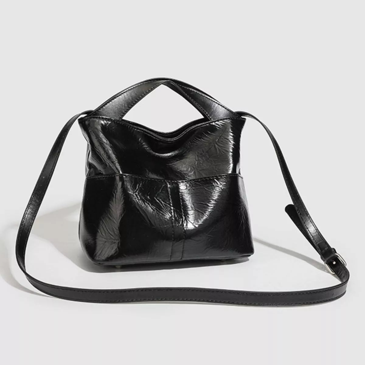Glossy Patent Leather Minimalist Tote Handbag in Black, view 7