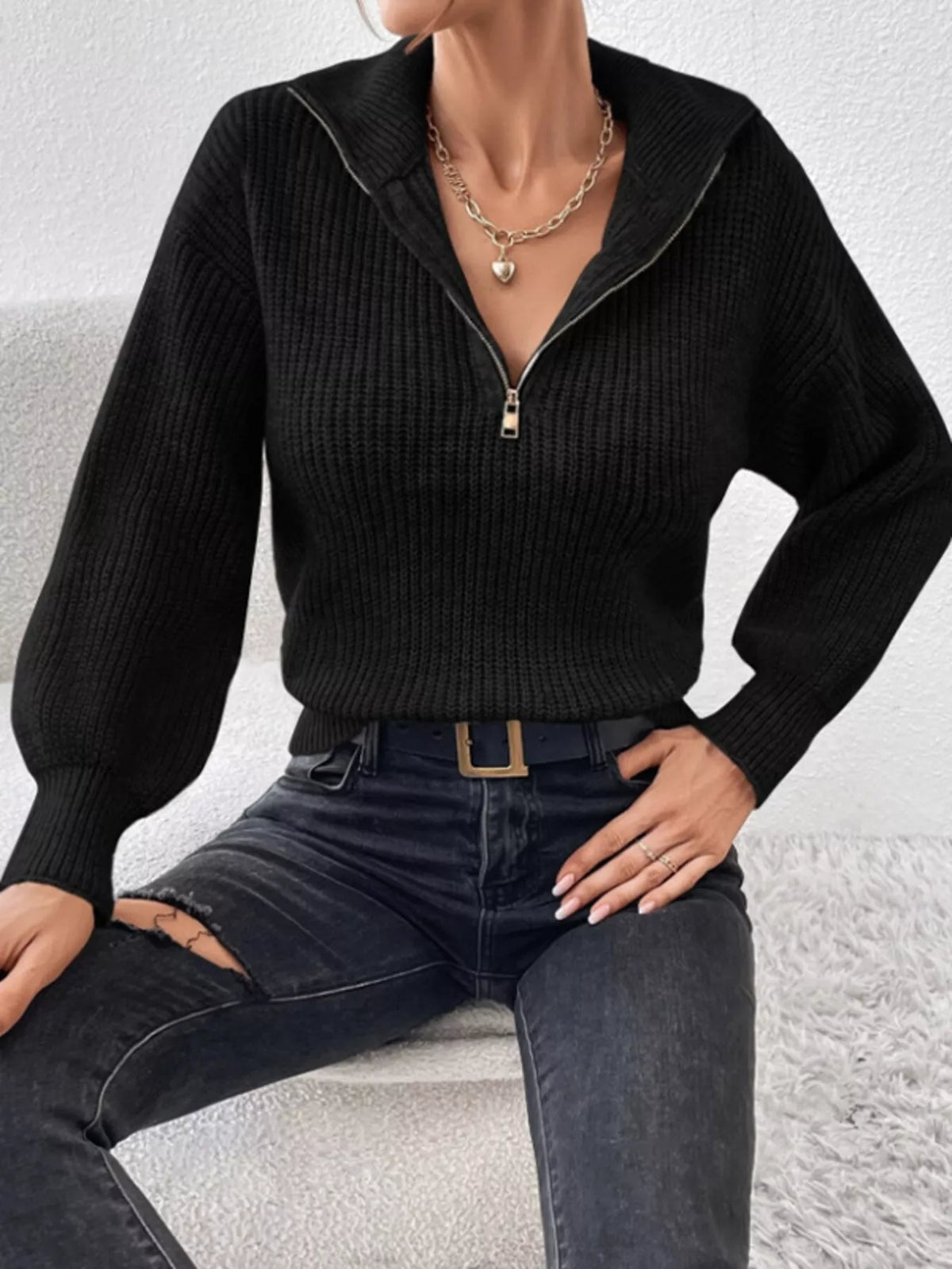 Quarter-Zip Dropped Shoulder Sweater