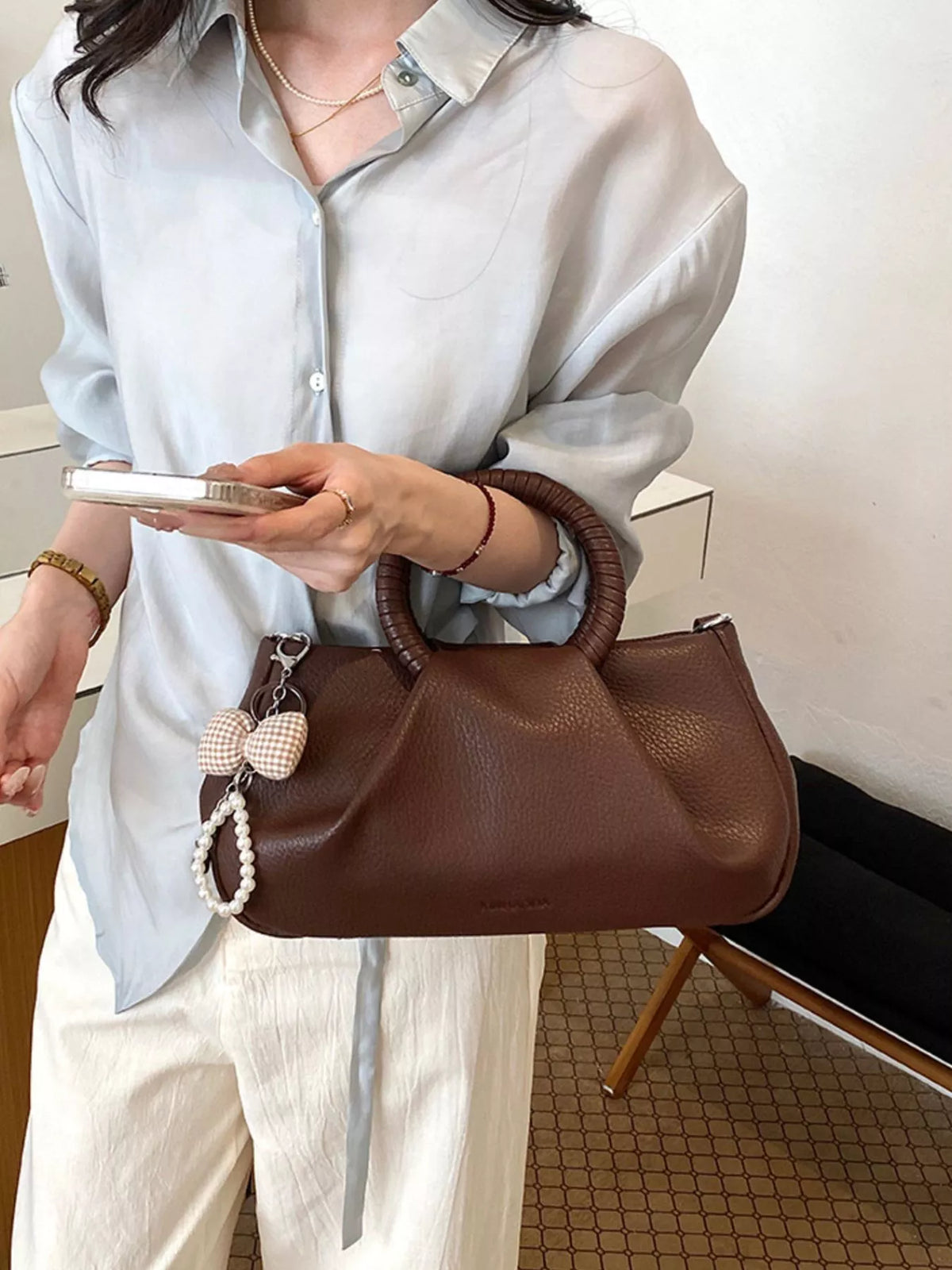 Top Handle Crossbody Bag with Pearl Bow Charm - Lilixa.store