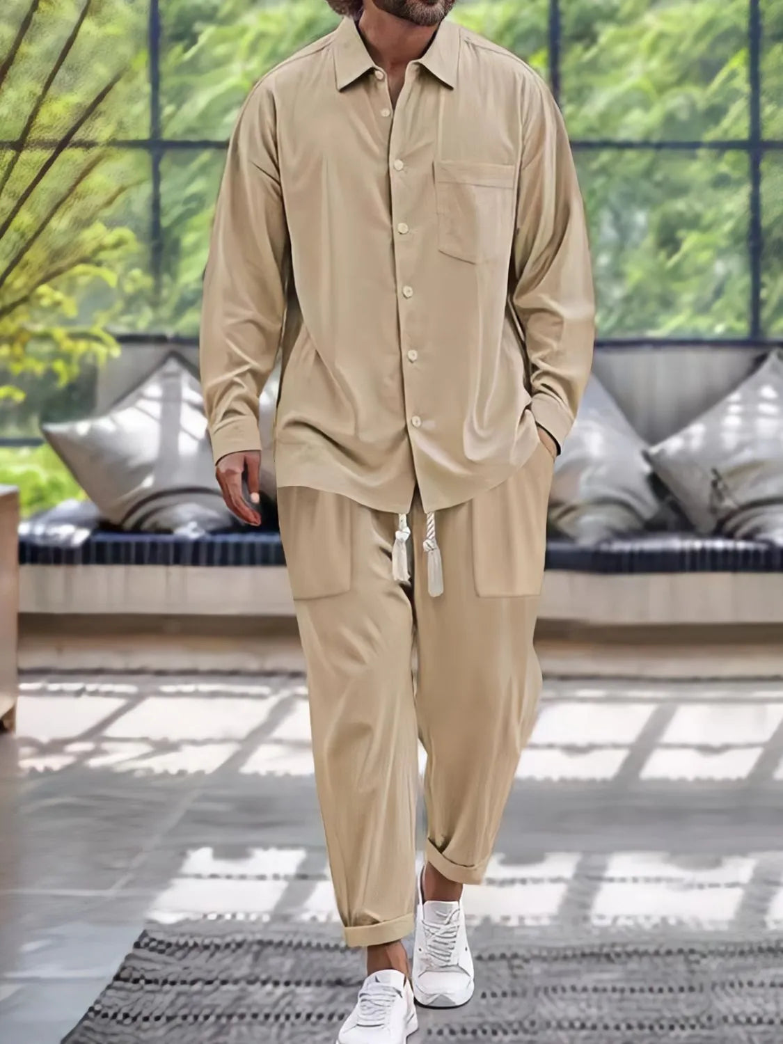 Men's Button Down Long Sleeve Shirt and Pants Set in Khaki