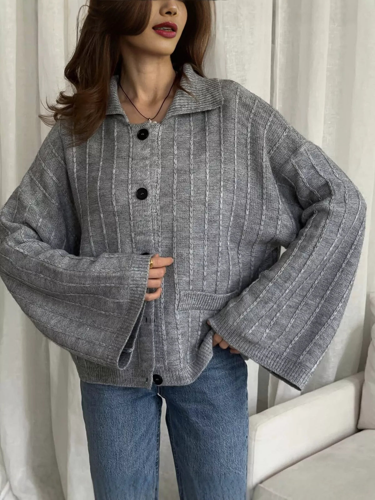 Texture Knit Cardigan with Wide Sleeves and Collar in Dark Gray