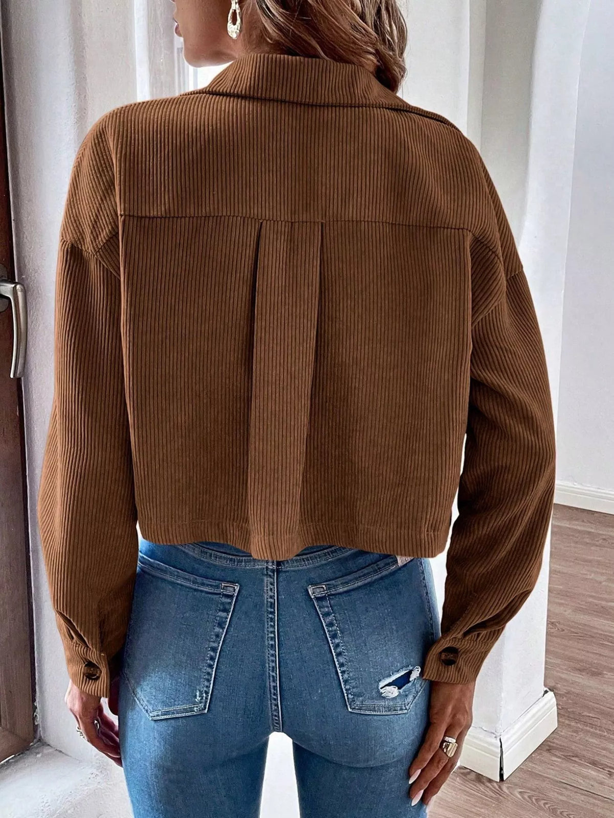 Cropped Corduroy Button-Down Jacket - Lilixa.store