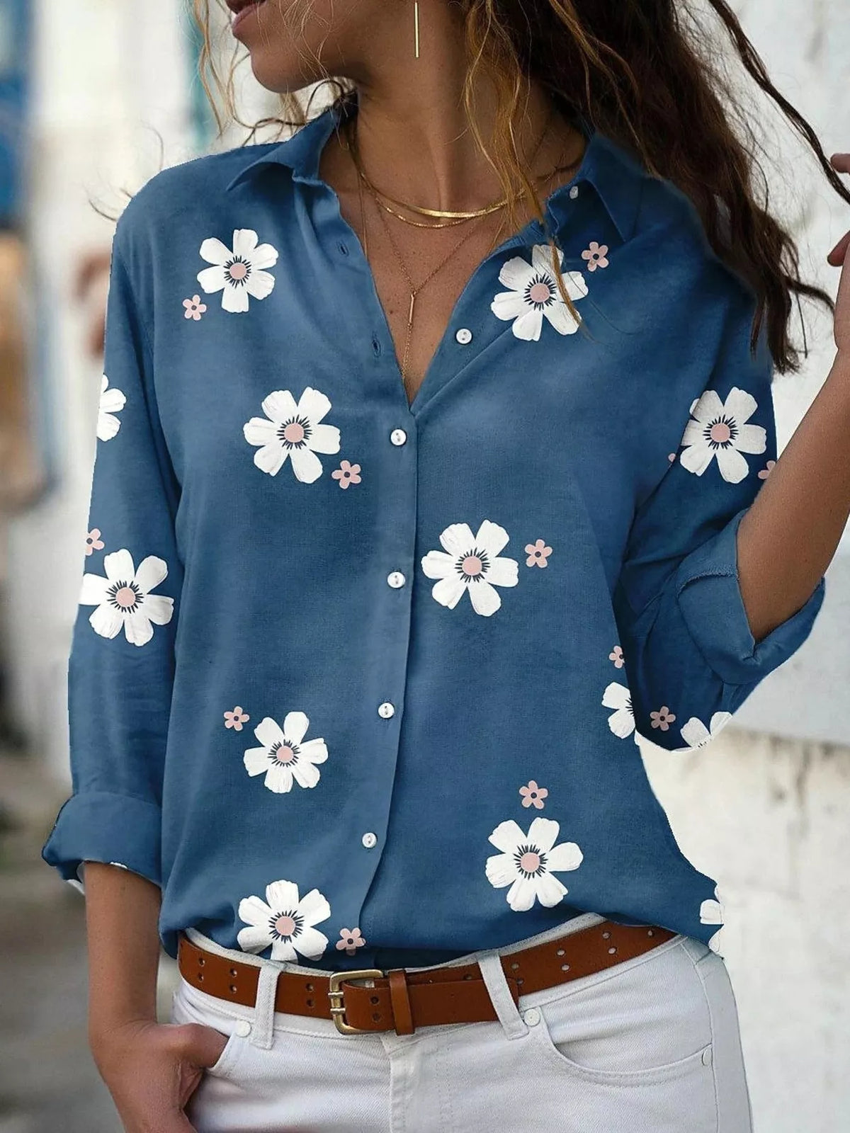 Full Size Floral Print Button-Down Casual Shirt Plus Size in Peacock Blue