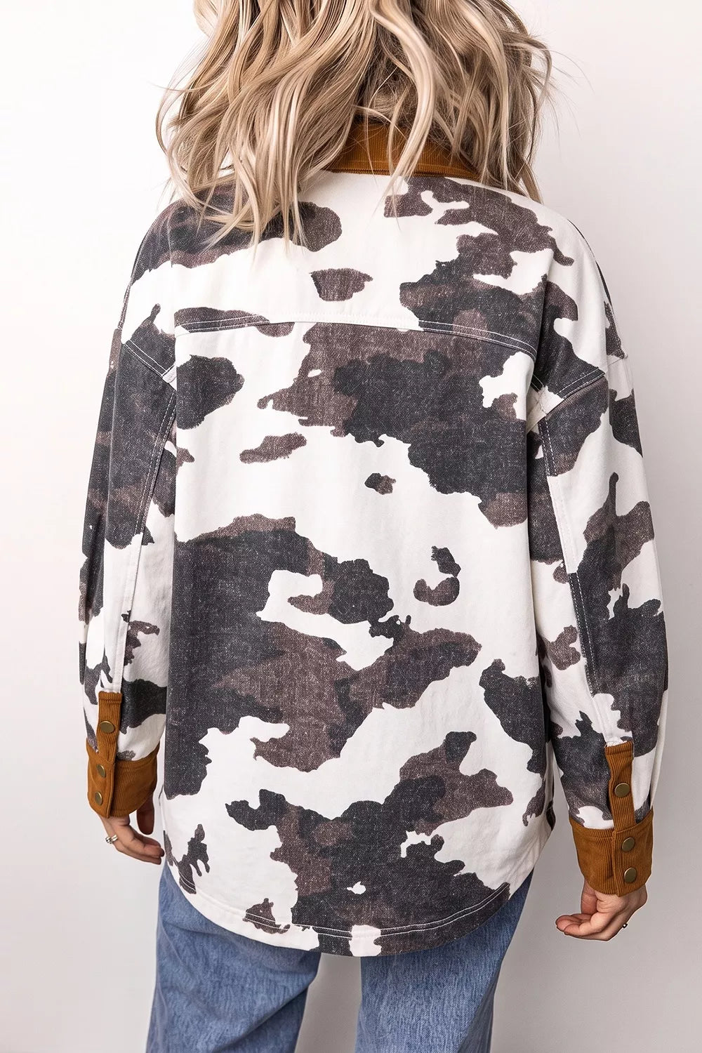 Multicolour Western Cow Print Long Sleeve Button-Up Denim Jacket in Dark Gray, view 3