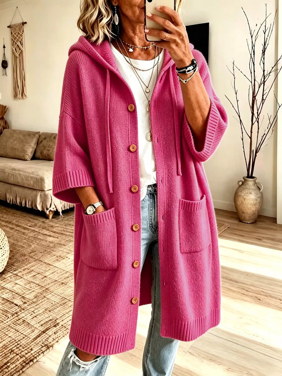 Hooded Button-Down Knit Cardigan with Pockets in Fuchsia Pink