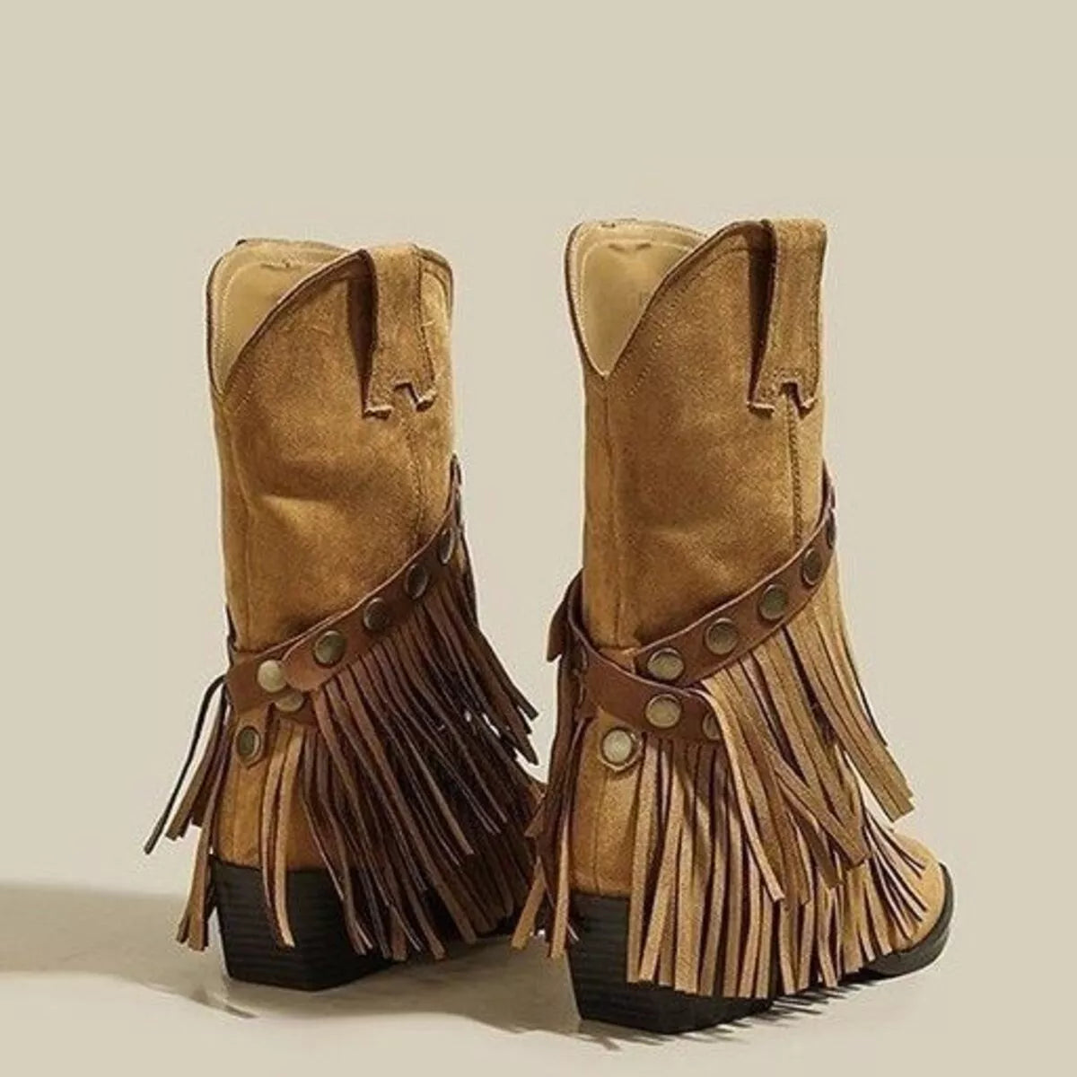 Vintage Suede Western Fringe Boots with Studded Straps, view 4