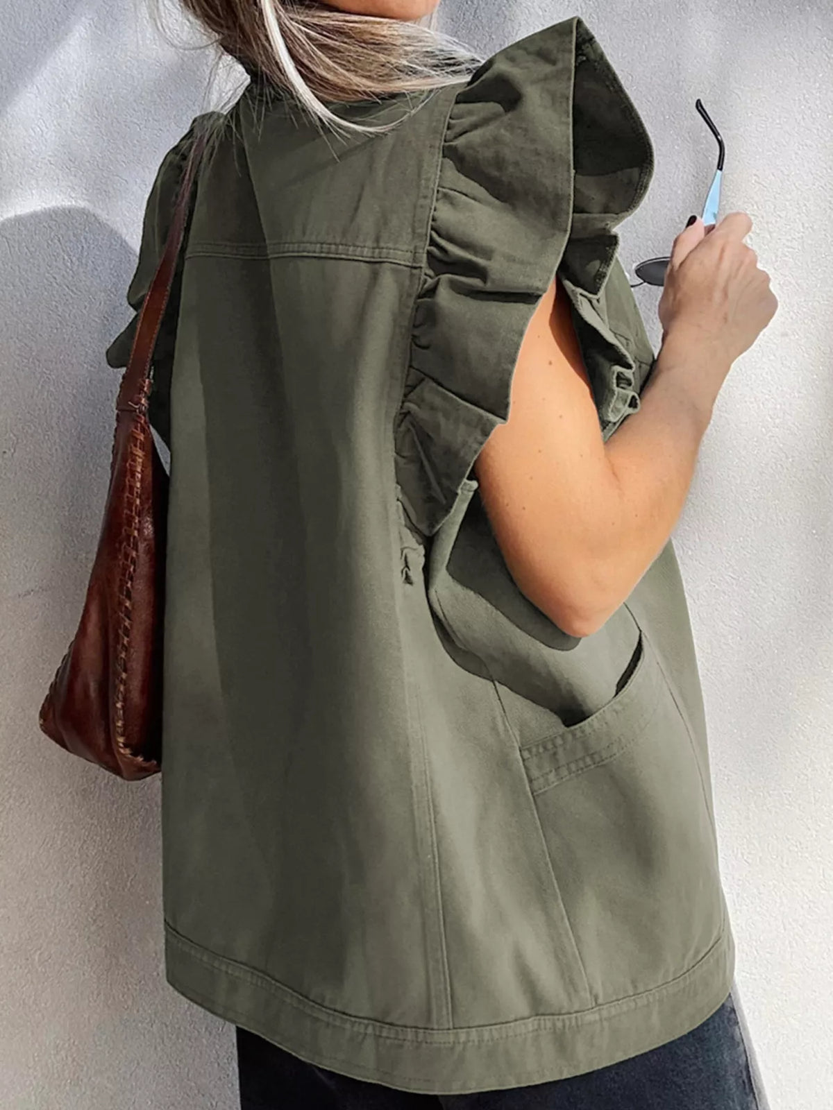 Ruffled Patchwork Denim Jacket Vest in Army Green, view 2