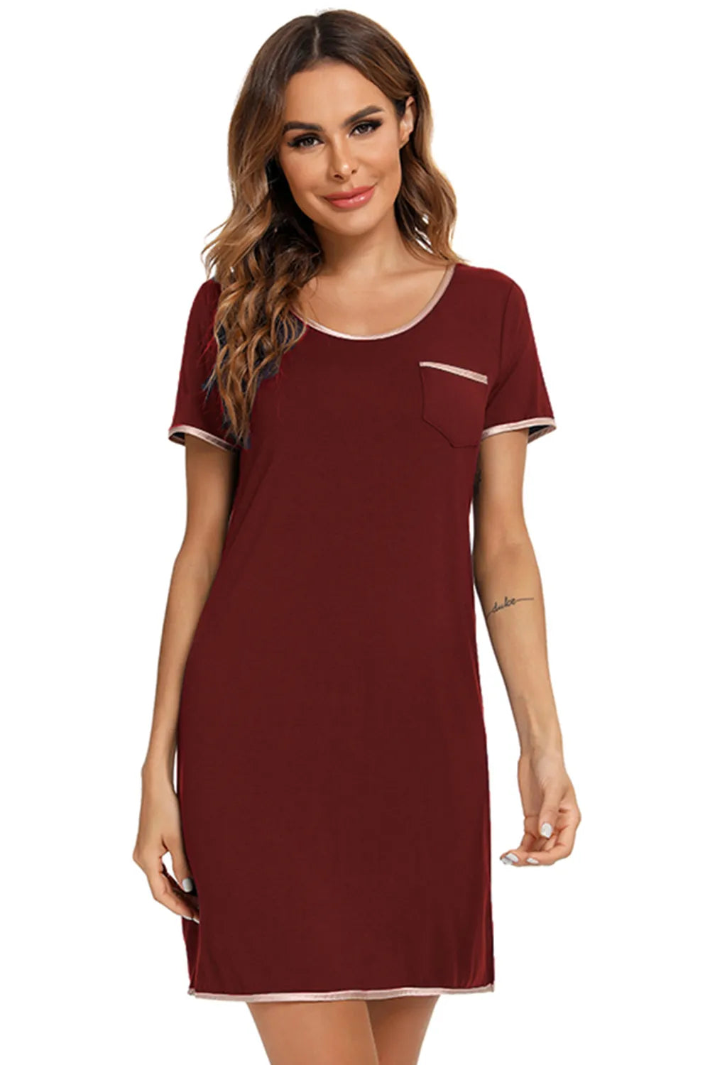 Contrast Trim Pocketed Round Neck Lounge Dress - Lilixa.store
