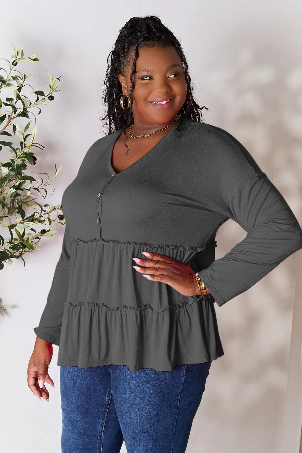 Double Take Half Button Long Sleeve Ruffle Hem Blouse - Lilixa.store