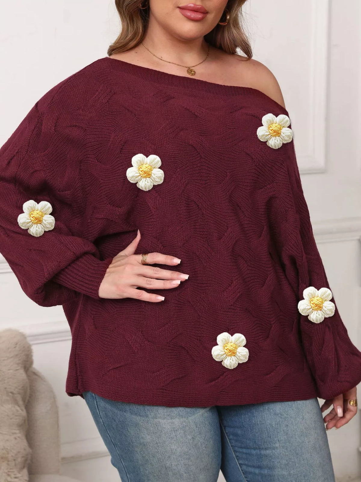 Plus Size One-Shoulder Floral Applique Sweater in Wine Red, view 3