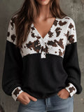 Cow Print Color Block Waffle Knit Blouse - Lilixa.store