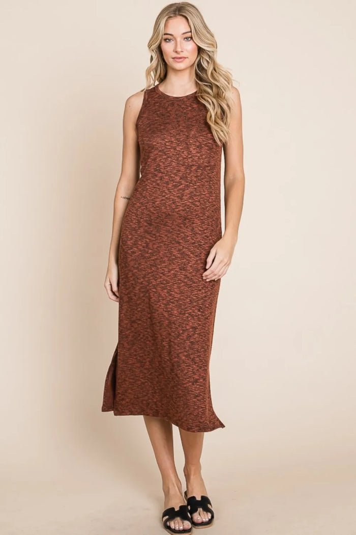 BOMBOM Slit Round Neck Sleeveless Midi Dress - Lilixa.store