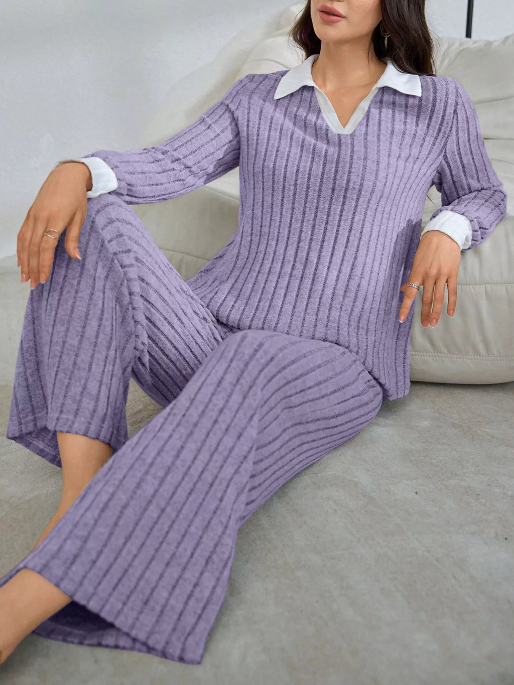 Ribbed Knit Polo Collar Top and Pants Lounge Set - Lilixa.store