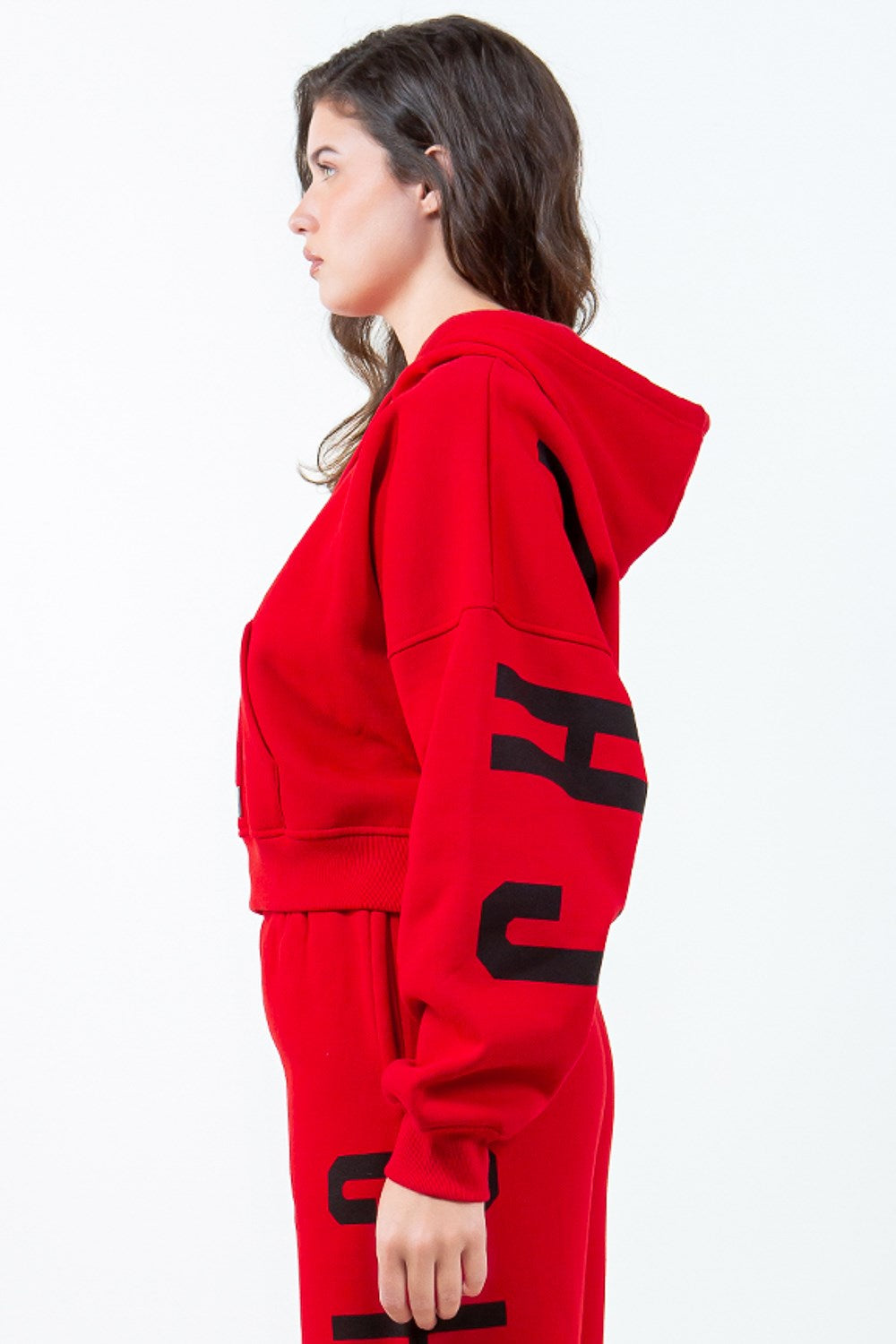 American Bazi Letter Graphic Long Sleeve Drawstring Cropped Hoodie - Lilixa.store