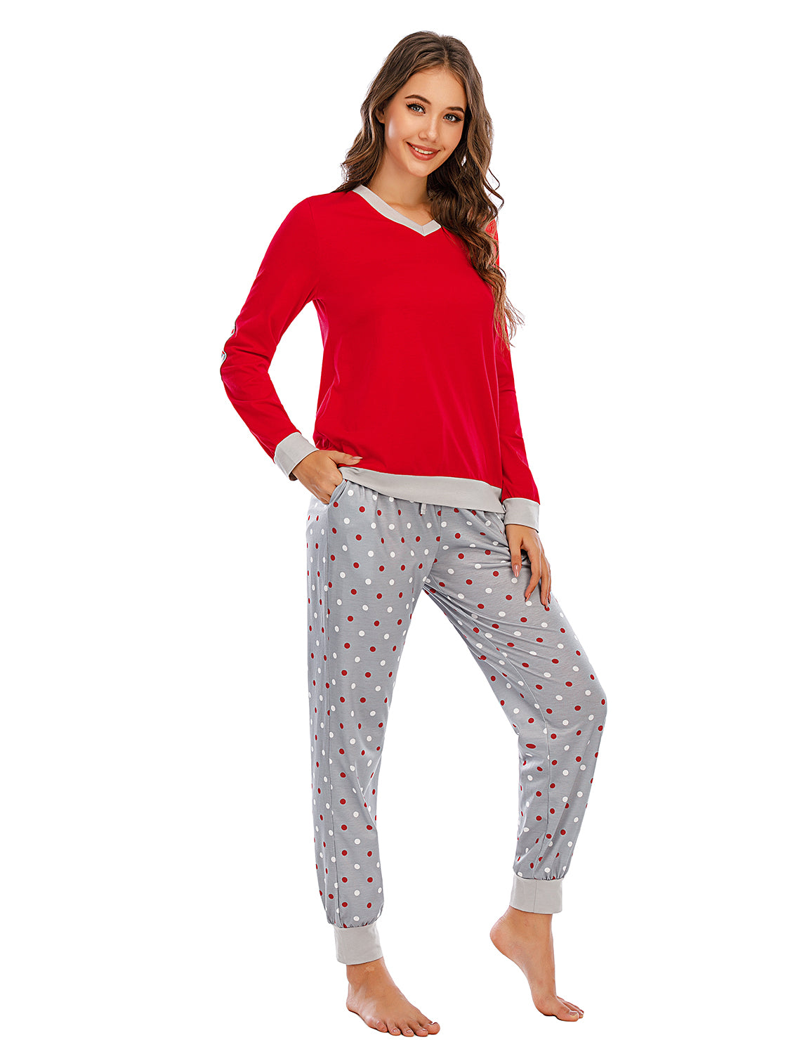 Long Sleeve Top and Polka Dot Pants Set - Lilixa.store