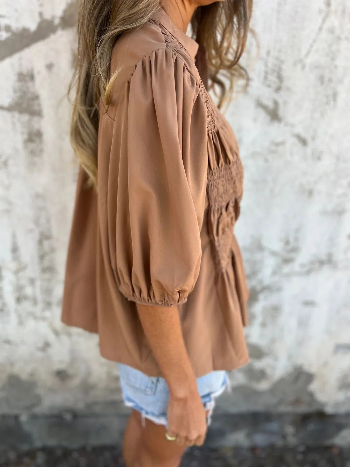 Full Size Smocked Puff Sleeve Blouse Plus Size - Lilixa.store